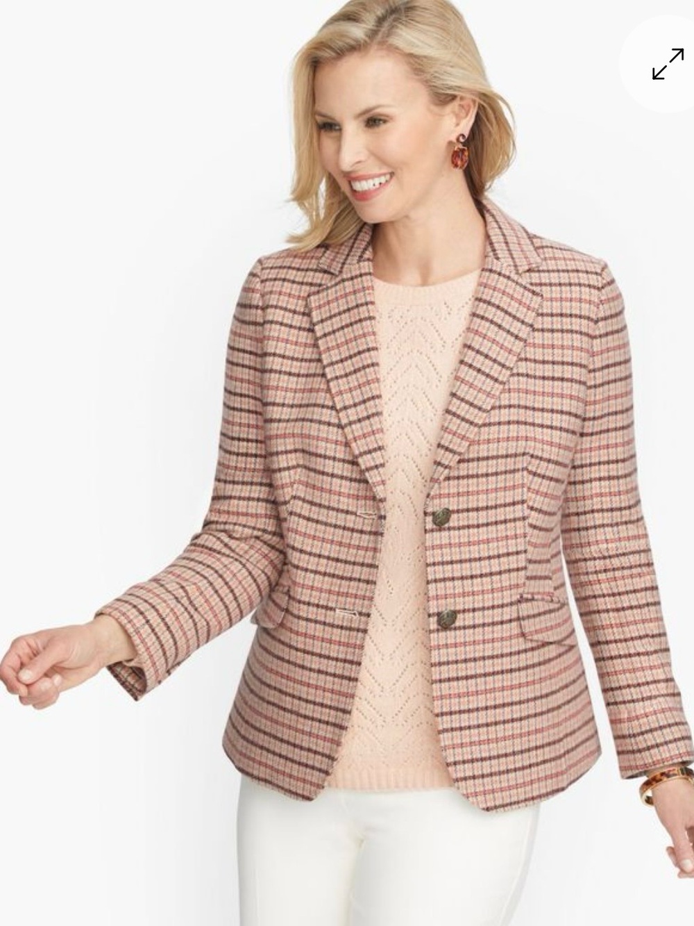 NWT Talbots Classic Shetland Wool Blend Blazer. Brown/Pink/Beige Plaid. Size 8P.